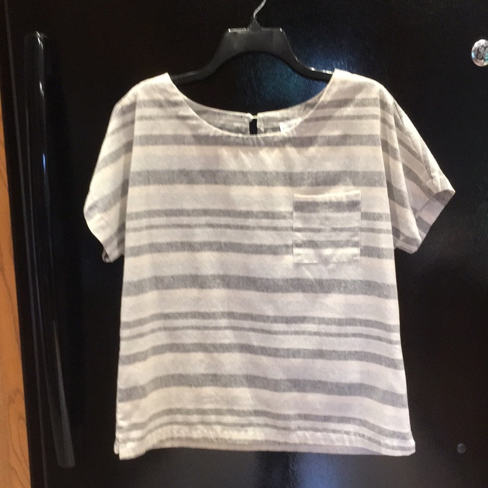 Striped Gray and cream blouse by Linen Lux.